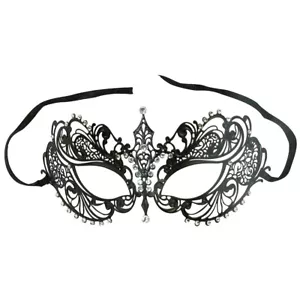 Sexy Venetian Metal Filigree Laser Cut Masquerade Black Mask Rhinestones BA001BK - Picture 1 of 8