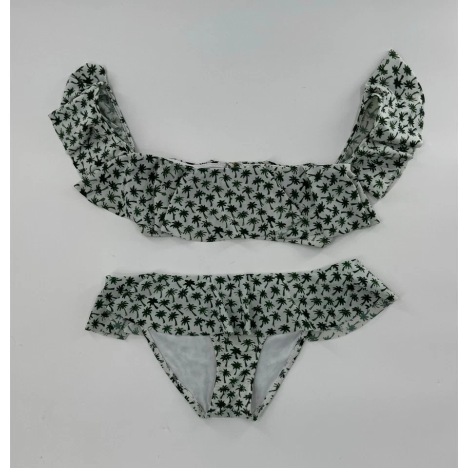 Milly Cabana Palm Print Bikini Set - M - Ruffled Top & Bottom - Green & White - Image 1 of 4