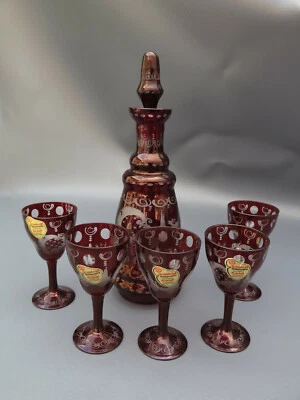 11958: Joska Waldglashütte Kristall Rubiniert Mundgeblasen Karaffe mit 5 Gläsern - Bild 1 von 4