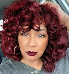 Burgundy Red Short Curly Wig For Women With Bangs Big Bouncy Fashion Curly Wigs - Picture 1 of 11