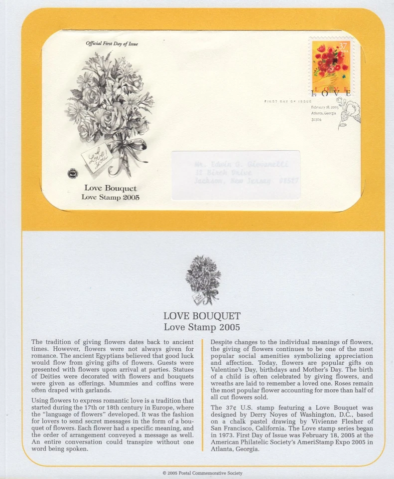 Love Flowers Bouquet Sc 3898 FDC 2005 con caché PCS en página de información Foto 1 de 1