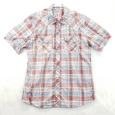 Camisa BKE Vintage Para Hombre M Roja Blanca A Cuadros 100% Algodón Bolsillos Perla Occidental A Presión Foto 1 de 4