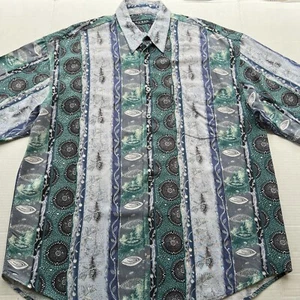 Vintage Guess Shirt Mens Large Green Blue Print Paisley Rayon Camp Short Sleeve - Picture 1 of 19