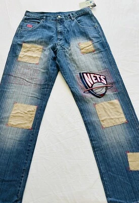 Pantalones de mezclilla UNK para hombre NBA Nets baloncesto vintage parches bordados talla 36x33 nuevos con etiquetas Foto 1 de 4