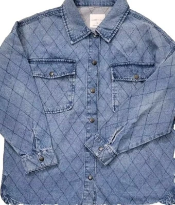 Camisa chaqueta de mezclilla azul celebridad para mujer talla XL con botones desgastada Foto 1 de 4