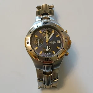 Seiko Pulsar Men's Chronograph 100mm Silver Gold Tone Date Watch YM92-X013 - Picture 1 of 11