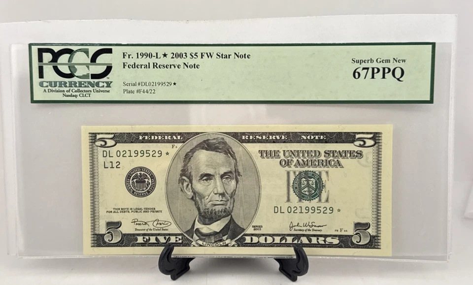 2003 $5 FRN L*  SAN FRANCISCO, FR 1990-L*, **STAR**,  Superb Gen New 67PPQ - Image 1 of 2