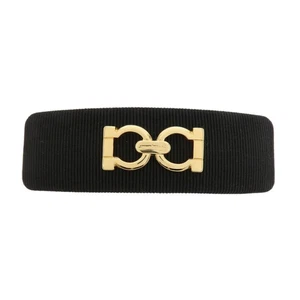 Ferragamo Gancini Logo Canvas Barrette Hair Clip Black Gold Authentic Used F/S - Picture 1 of 12