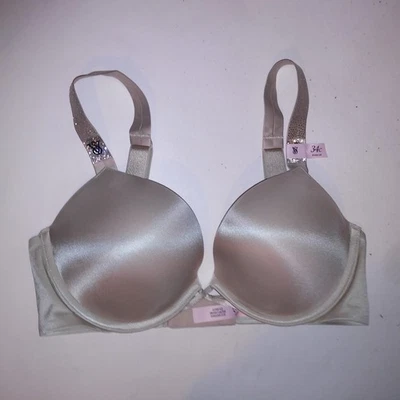 Sujetador Victoria Secret 34C Bombshell Push Up Brillo Correa Gris Claro Logo Brillante Muy Foto 1 de 4