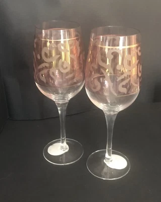 Light Cranberry Red Wine Glasses Pier One Gold Trim Iridescent Design Set Of Two - Image 1 of 4