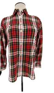Lauren R. Lauren Woman Red White Plaid Flannel Shirt Size XS Roll-up Tab Sleeves - Picture 1 of 7
