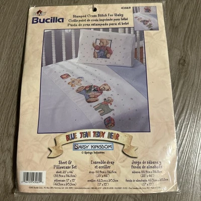 Oso de peluche Bucilla azul Jean estampado punto de cruz sábana y funda de almohada kit 43069 Foto 1 de 2