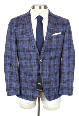 Hugo Boss Sport Coat 40 S Mens Hutson Dark Blue Plaid Wool Linen Cotton Slim Fit - Image 1 of 4
