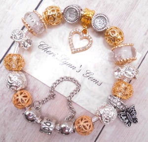 PANDORA SILVER CHARM BRACELET & MOTHER GOLD SILVER LOVE HEART CHARMS & GIFT BOX - Picture 1 of 8