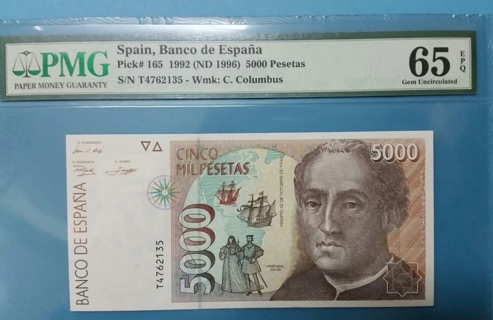 1992 SPAIN 5000 PESETAS PMG65 EPQ GEM UNC <P-165> - Image 1 of 2