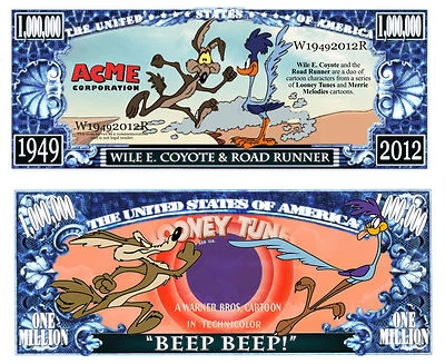 Coyote + Road Runner Million Dollar Bill Funny Money Novelty Note + FREE SLEEVE