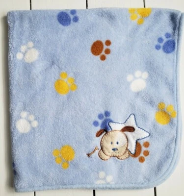 Regent Baby Products Blue Brown Dog Puppy Pawprint Paw Print Plush Star Blanket - Image 1 of 4