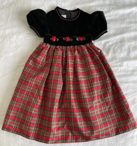 Bonnie Jean Girls Size 6 Black Velvet & Red Plaid Taffeta Party Dress w/Roses - Picture 1 of 8