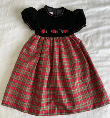 Bonnie Jean Girls Size 6 Black Velvet & Red Plaid Taffeta Party Dress w/Roses - Image 1 of 4