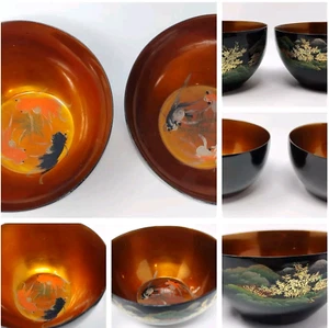 Vintage japanische Lack Ware Schale handbemalt Koi Fisch innen Landschaft Set 2 - Bild 1 von 14