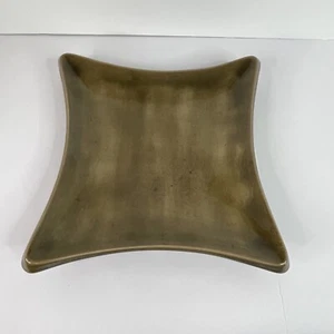 Candle Holder Display Square Raised Pedestal Plate Khaki Green Ceramic Pottery - Picture 1 of 24