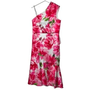Kay Unger Linnea Floral One-Shoulder Cocktail Dress Pink White Green Elegant 14 - Picture 1 of 8