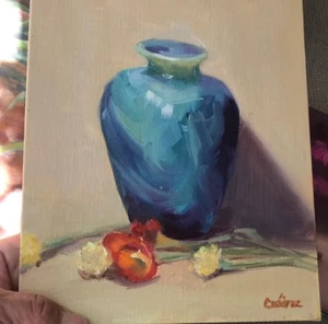 Blaue Vase und lose Blumen Original Gemälde von CUADRAZ 8x10 - Bild 1 von 2