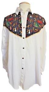 Camisa túnica de Navidad occidental vintage para mujer S/M blanca negra renos de gran tamaño - Imagen 1 de 11