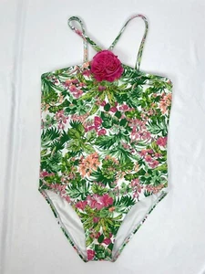 Janie & Jack Girl 10 One Piece Swimsuit Green Floral Tropical Flower - Picture 1 of 4