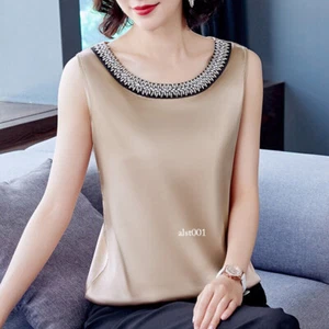 Womens Satin Vest Silky Tank Top Basic Plain Sleeveless Shirt Beaded Summer Lady - Picture 1 of 24