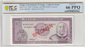 Tonga 1978 5 Pa'anga Certified PCGS Banknote UNC 66 PPQ CS1 SPECIMEN - Picture 1 of 2