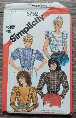 Vintage 1982 Simplicity 5752 Shirt Blouse Ruffles Pattern Size 8 Factory Folded - Image 1 of 2