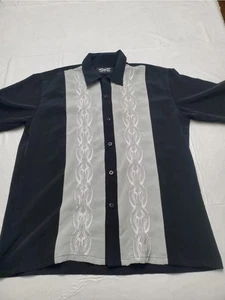 Dragonfly Shirt Mens Large Black Gray Tribal Embroidered Button Up Bowling Style - Picture 1 of 11