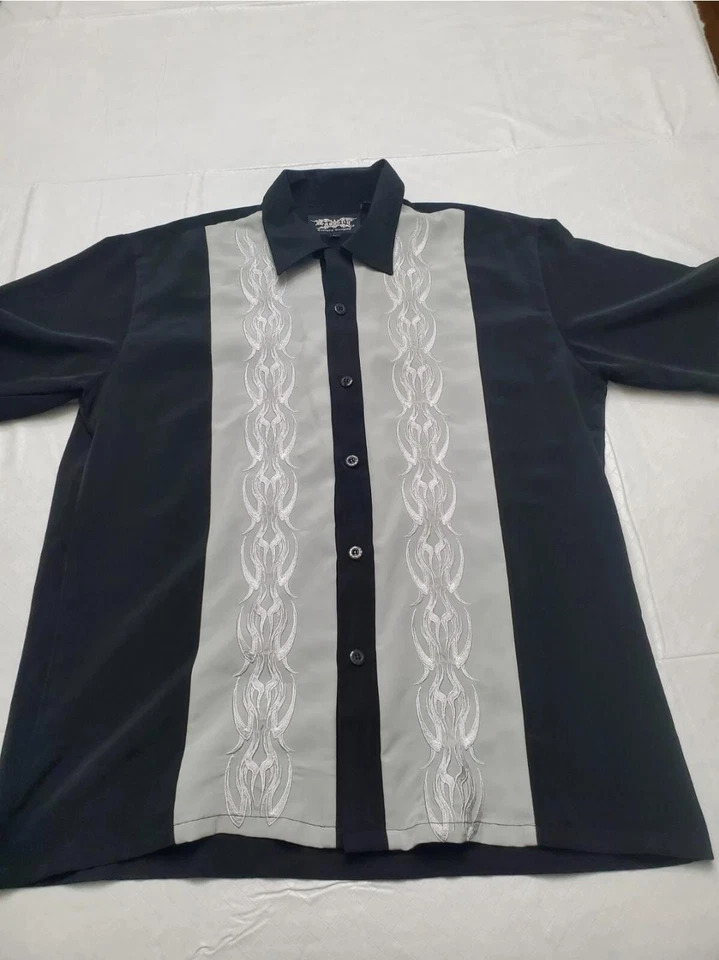 Dragonfly Shirt Mens Large Black Gray Tribal Embroidered Button Up Bowling Style - Image 1 of 4