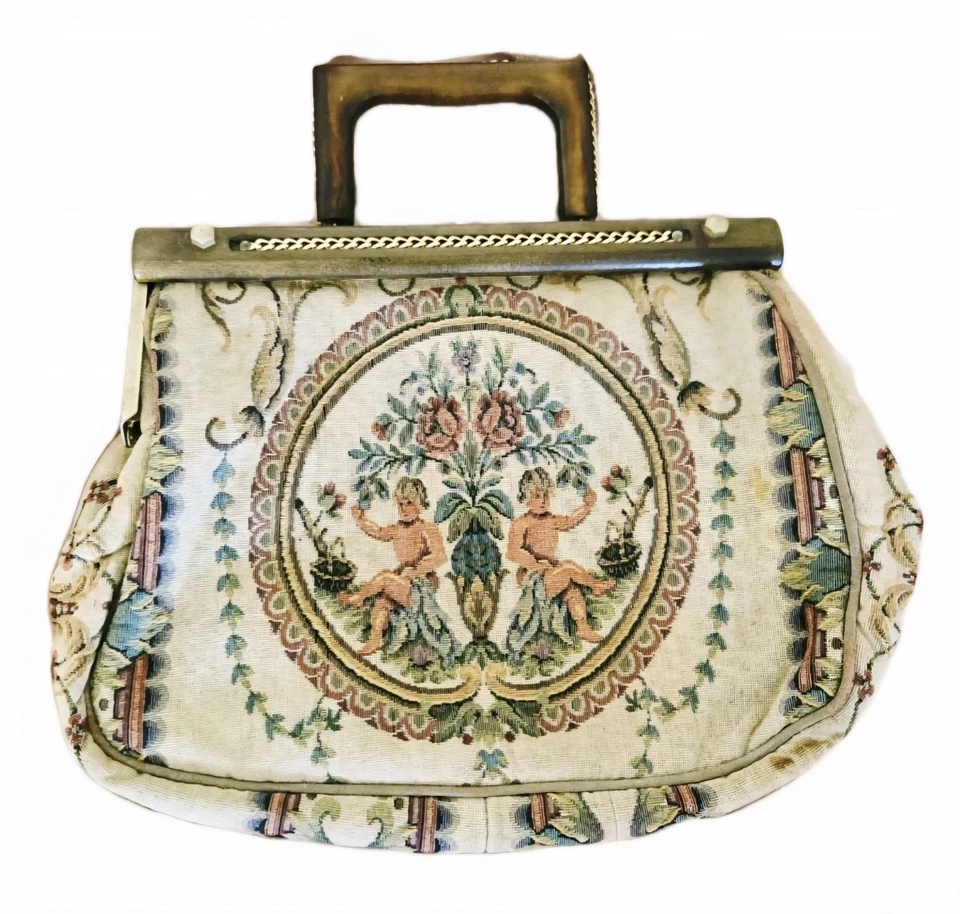 Cartera tapiz barroco querubín vintage años 50/60 hecha en ITALIA, madera, 13x9" Foto 1 de 4