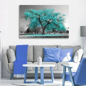Print Painting Tree Teal Turquoise Leaves Canvas Picture Decor Living Room - Picture 1 of 5
