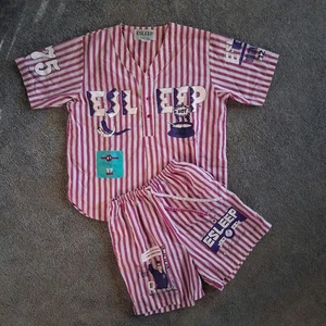 Vintage ESLEEP Schlafanzug Damen 90er Nadelstreifen Grafik Streetwear Baggy Größe Small - Bild 1 von 18
