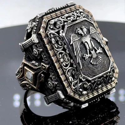 Anillo grande de plata de ley 925 estilo otomano doble águila sello Foto 1 de 4
