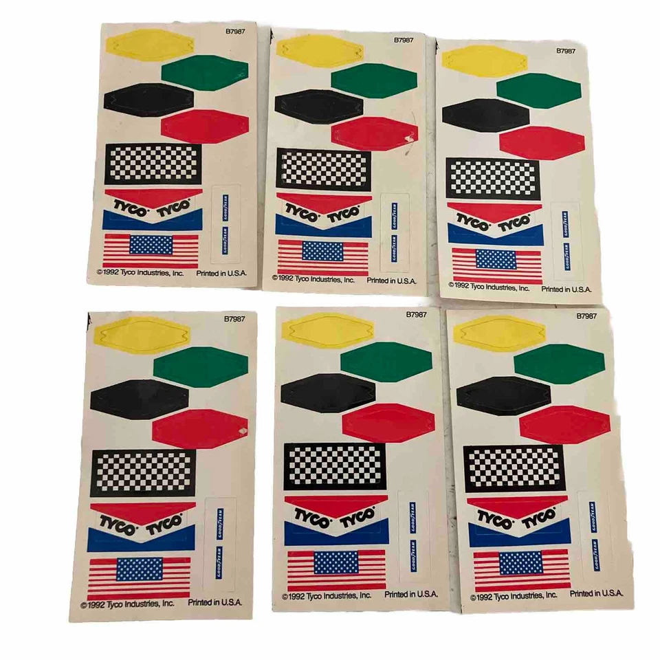 6 Sticker Sheets, Parts/Contacts Bag Tyco Slot Car Flag Decals, Poles, NEW, 1992 - Image 1 of 1