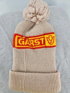 Vintage Garst hellbraun rot & gelb Strickstrumpf Beanie Mütze Erwachsene mit Bommel - Bild 1 von 5