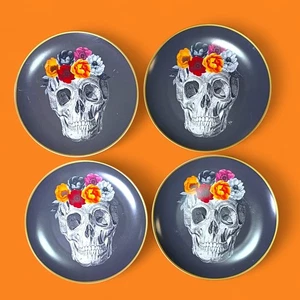 Halloween Skull 10" Dinner Plates  Flowers Floral Crown England Porcelain 4 Pc - Picture 1 of 10