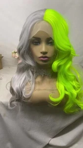 Women Long Lace Front Wig Party Wig Wave Synthetic Wig Half Gray Half Yellow Wig - Picture 1 of 10