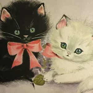 Vintage Grußkarte schwarze Katze Kätzchen weiß langhaarig entzückend rosa Band Halsband - Bild 1 von 9