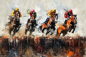 Horse Racing Colourful Canvas Picture Print Wall Art - Picture 1 of 3