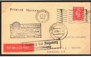 AVIATION GB Acceptance AUSTRIA BALLOON FLIGHT Card KGVI Franking 1949 Y46a - Picture 1 of 6