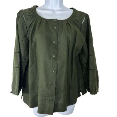 J. Top de lino con botones verde oliva Crew para mujer talla M cuello redondo usado Foto 1 de 4