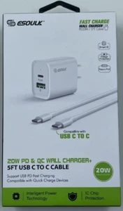 Cargador de pared rápido Esoulk 20W USB-C (PD) con cable USB C a 8 pines - Imagen 1 de 1