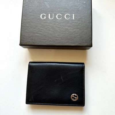 GUCCI Auténtico Cuero Portatarjetas de Visita Estuche para Tarjetas Entrelazado G Negro Foto 1 de 4