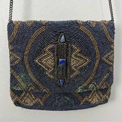 Mary Frances Blue and Gold Beaded Crossbody Bag - Image 1 of 4