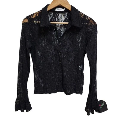 Younique Топ женщин M черный чистый цветочный кружева с воротником кнопка V шеи Whimsygoth - Изображение 1 из 4
